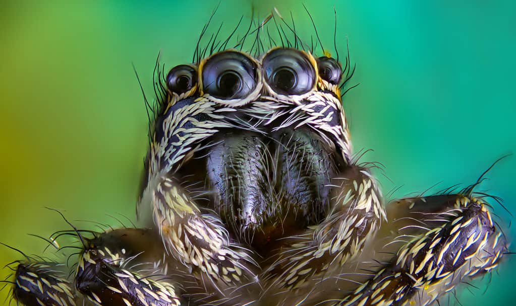 Un'incredibile immagine macro di un ragno saltatore zebra (Salticus scenicus)