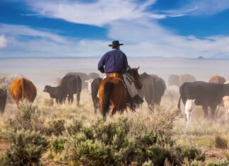 Cowboy che guida il bestiame