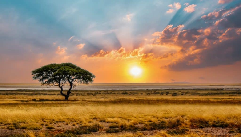 singolo albero di acacia nella savana al tramonto, solitudine nella natura selvaggia, erba secca in primo piano