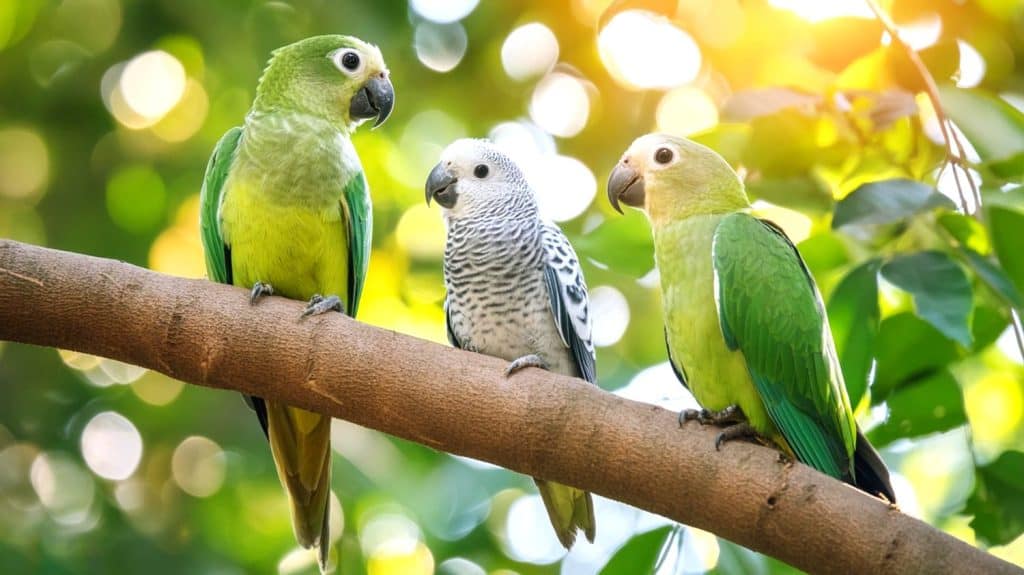 Tre vivaci pappagalli appollaiati su un ramo, con un pappagallo maculato bianco e nero al centro e due pappagalli verde brillante su entrambi i lati. Lo sfondo verde lussureggiante del fogliame si aggiunge alla natura.