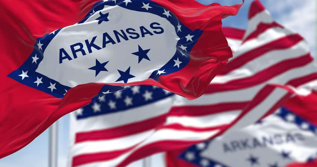 Le bandiere dello stato dell'Arkansas e degli Stati Uniti sventolano al vento. Democrazia e indipendenza. Bandiera dello stato americano