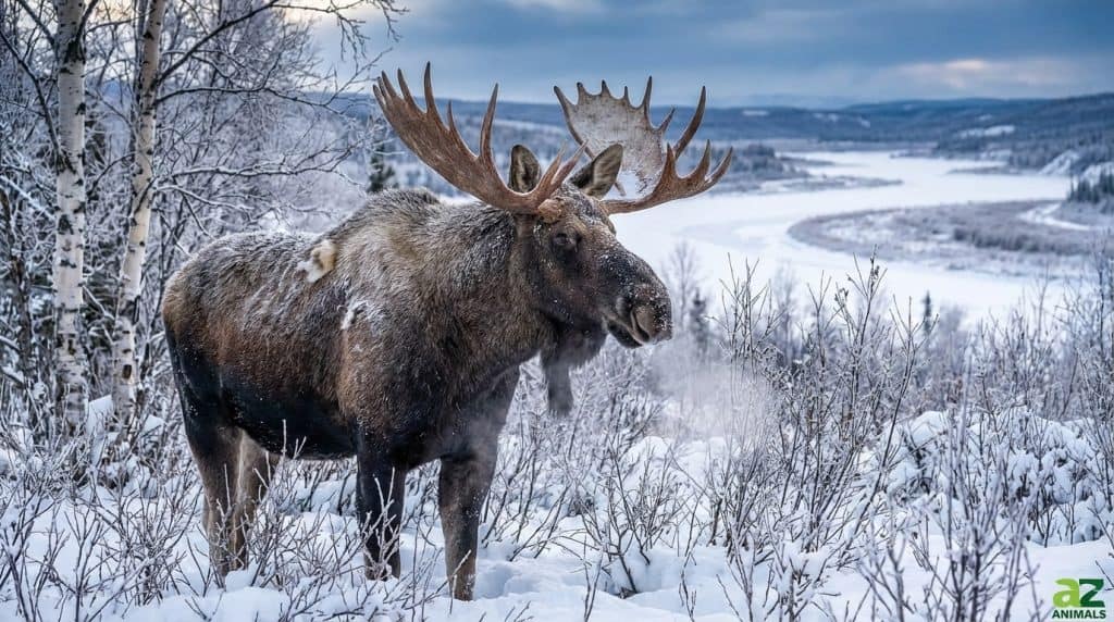 Un grande alce maschio con ampie corna si erge nella neve alta, con il respiro visibile, circondato da alberi coperti di neve e un fiume ghiacciato in un vasto paesaggio invernale.
