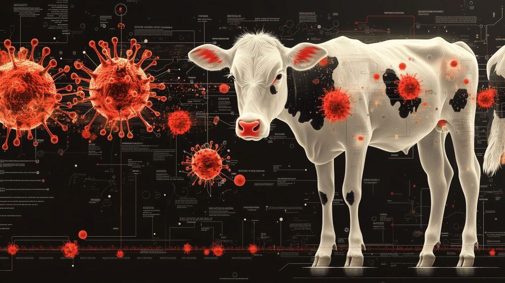 diagramma di una mucca con sfere rosse irregolari attorno.