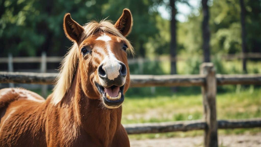 Piccolo cavallo al piccolo zoo lettone. Sorriso del cavallo. Cavallo che mostra i denti, cavallo sorridente, cavalli divertenti, faccia di animale divertente. ridere animale