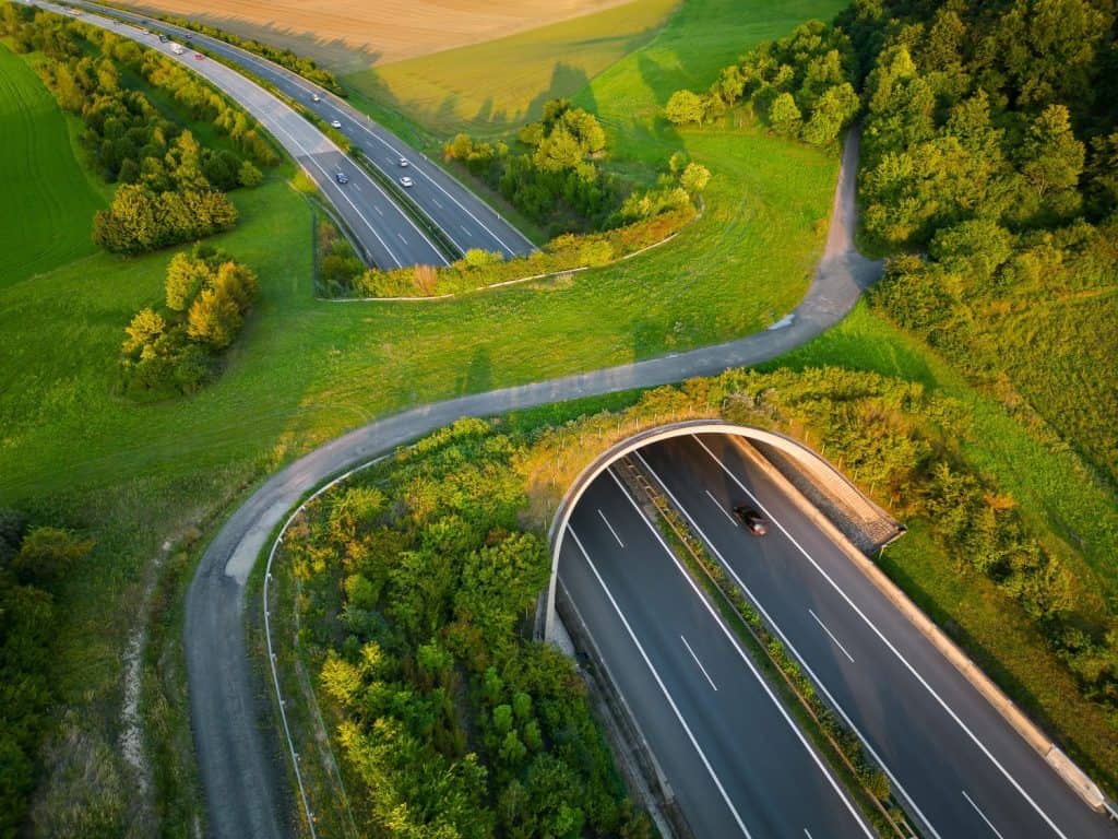 Vista aerea di un cavalcavia verde su un'autostrada quasi vuota.
