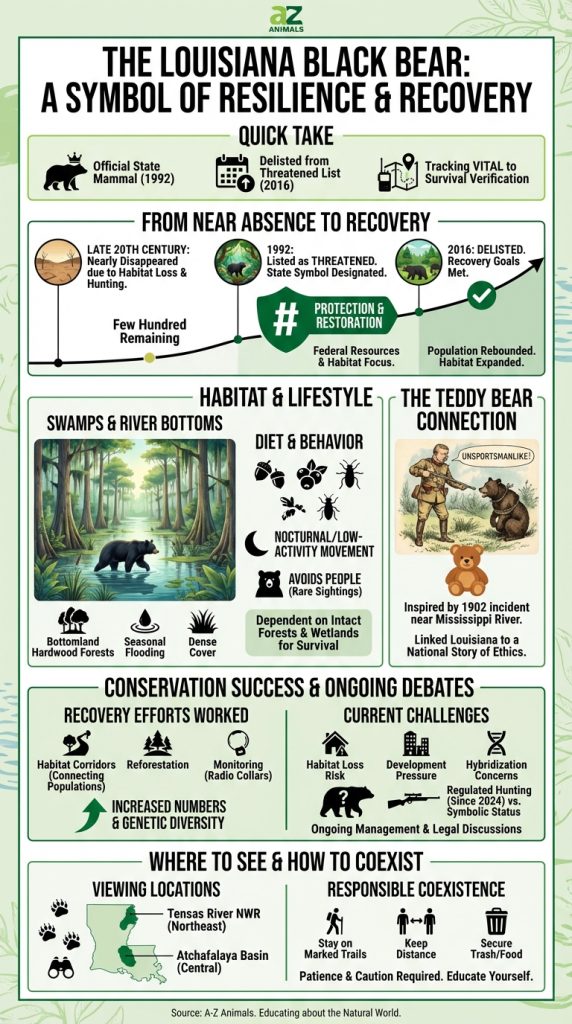 Un'infografica educativa sull'orso nero della Louisiana con una cronologia del recupero, un'illustrazione dell'habitat di un orso in una palude di cipressi e dati sulla conservazione.