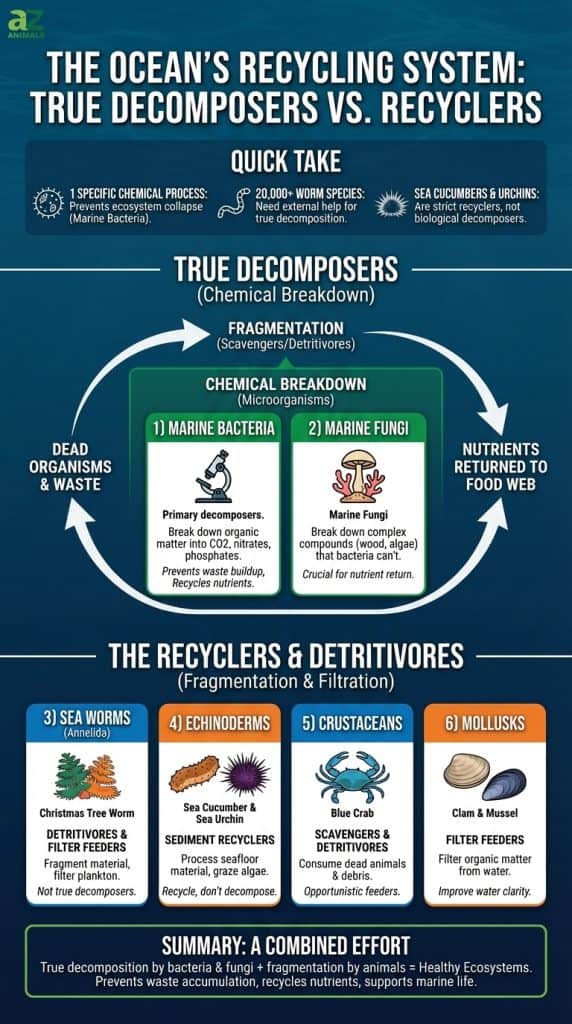 Un'infografica dettagliata che mette a confronto i decompositori e i riciclatori marini, con icone di cetrioli di mare, granchi e batteri all'interno di un diagramma circolare del ciclo dei nutrienti.
