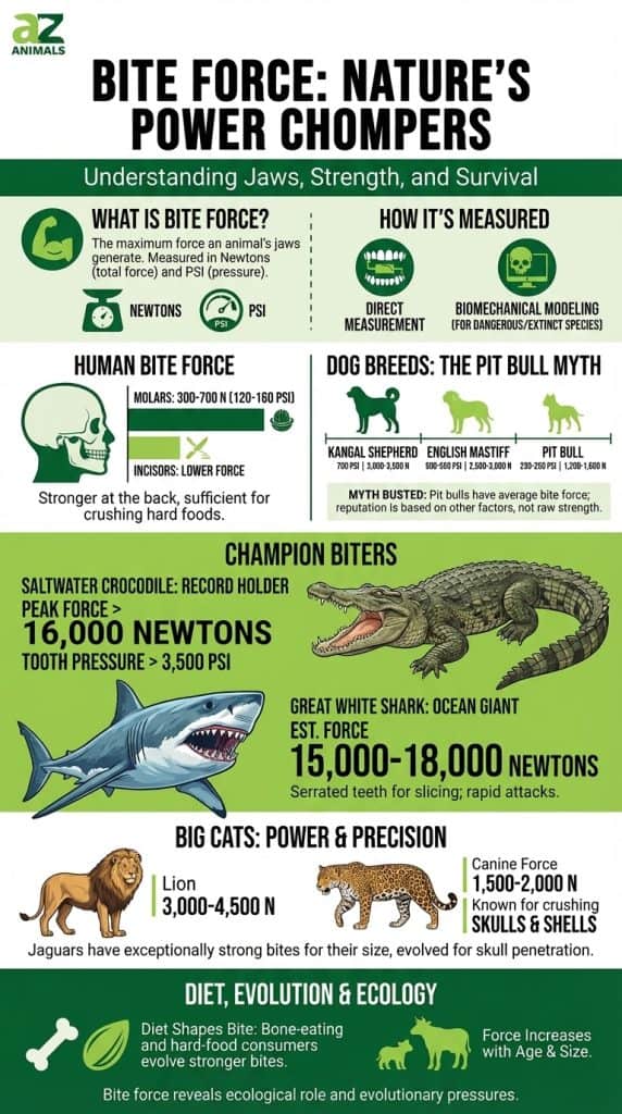 Un'infografica che descrive in dettaglio la forza del morso di vari animali. Confronta la forza del morso umano con quella delle razze canine (pastore Kangal, mastino inglese, pitbull), grandi felini (leone, giaguaro) e campioni di azzannatori come il coccodrillo d'acqua salata e il grande squalo bianco, fornendo misurazioni in Newton e PSI.