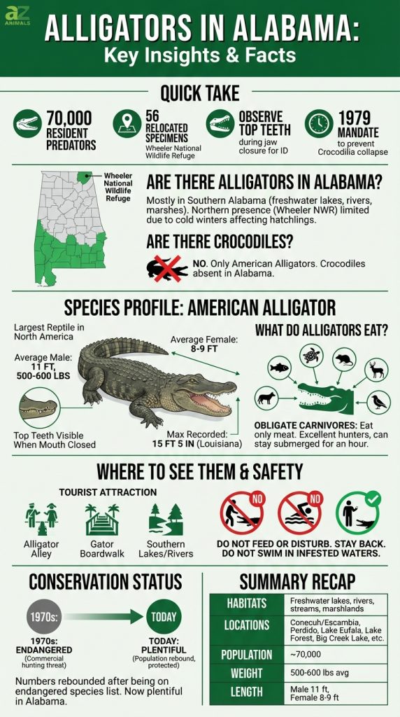 Un'infografica dettagliata sugli alligatori dell'Alabama con l'illustrazione di un grande alligatore, una mappa che evidenzia l'Alabama meridionale e icone che rappresentano le regole di sicurezza e la dieta.
