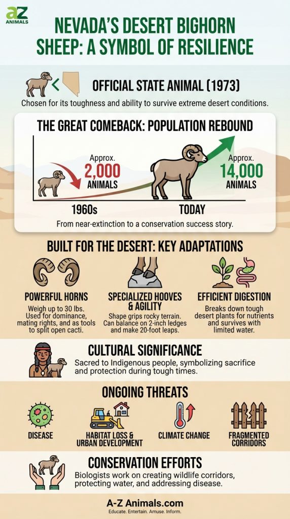 Infografica educativa sulle pecore bighorn del deserto del Nevada, che mostra la ripresa della loro popolazione dagli anni '60 a oggi e i loro adattamenti fisici unici per la sopravvivenza nel deserto.