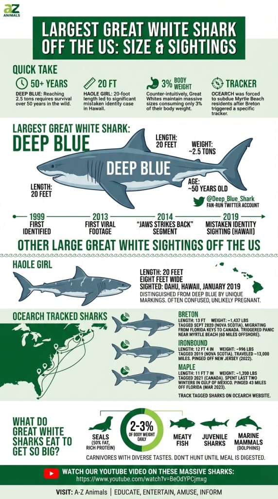 Un'infografica che illustra le dimensioni e la dieta dei grandi squali bianchi, con uno squalo centrale di 20 piedi chiamato Deep Blue e una mappa dei dati di tracciamento degli squali lungo la costa atlantica.