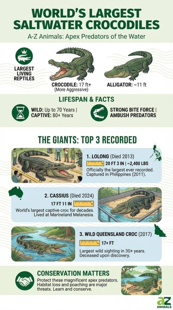 Un'infografica educativa che mette a confronto le dimensioni dei coccodrilli d'acqua salata con quelle degli alligatori, con illustrazioni e statistiche per i tre individui più grandi registrati: Lolong, Cassius e un esemplare selvatico del Queensland.