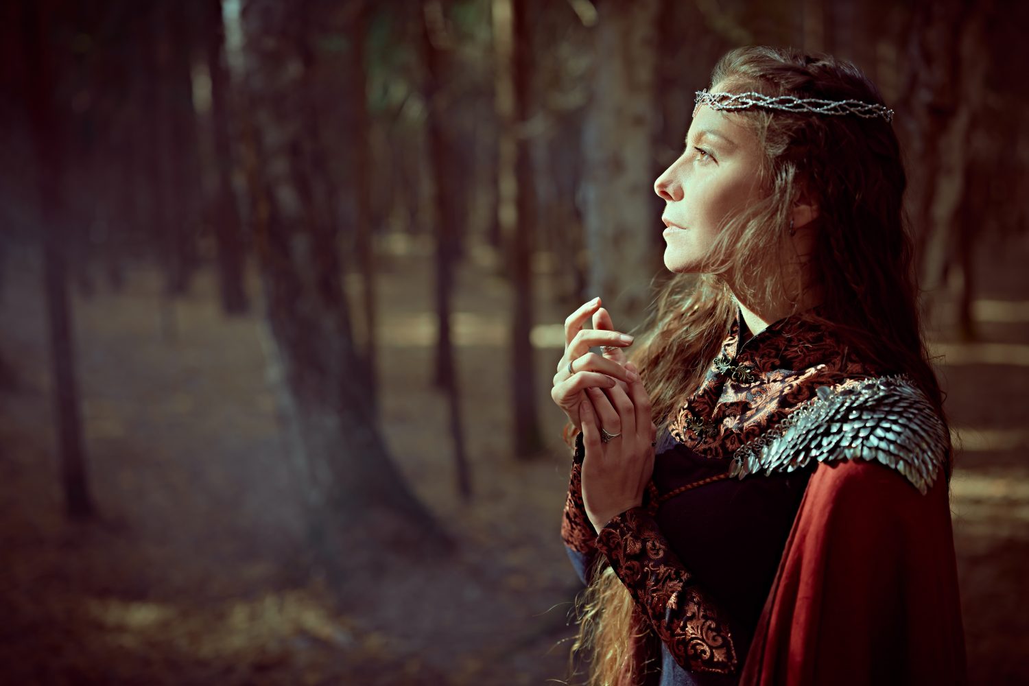 Una bellissima regina medievale si trova in una fitta foresta e guarda la luce che irrompe tra i rami degli alberi. Antiche leggende. Mondo fantastico.