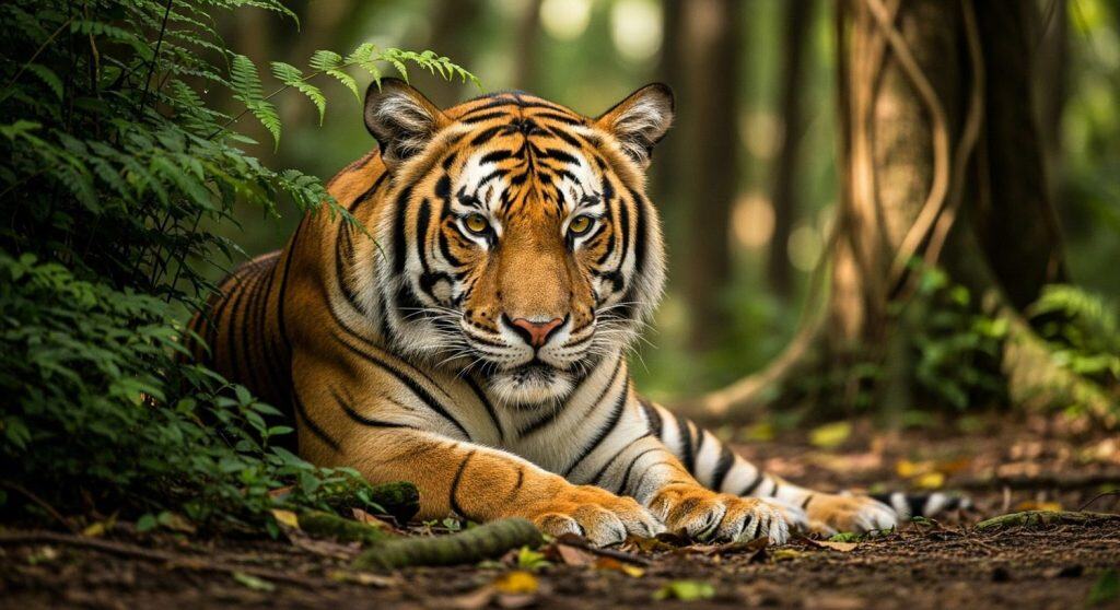 Maestosa tigre del Bengala che riposa nel lussureggiante habitat della giungla